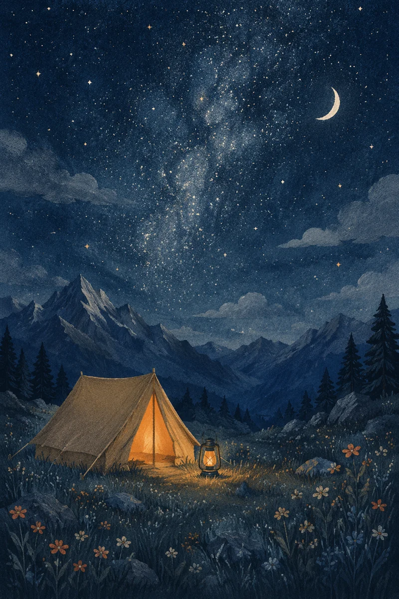 Glowing Camping Tent Beneath Starry Mountains