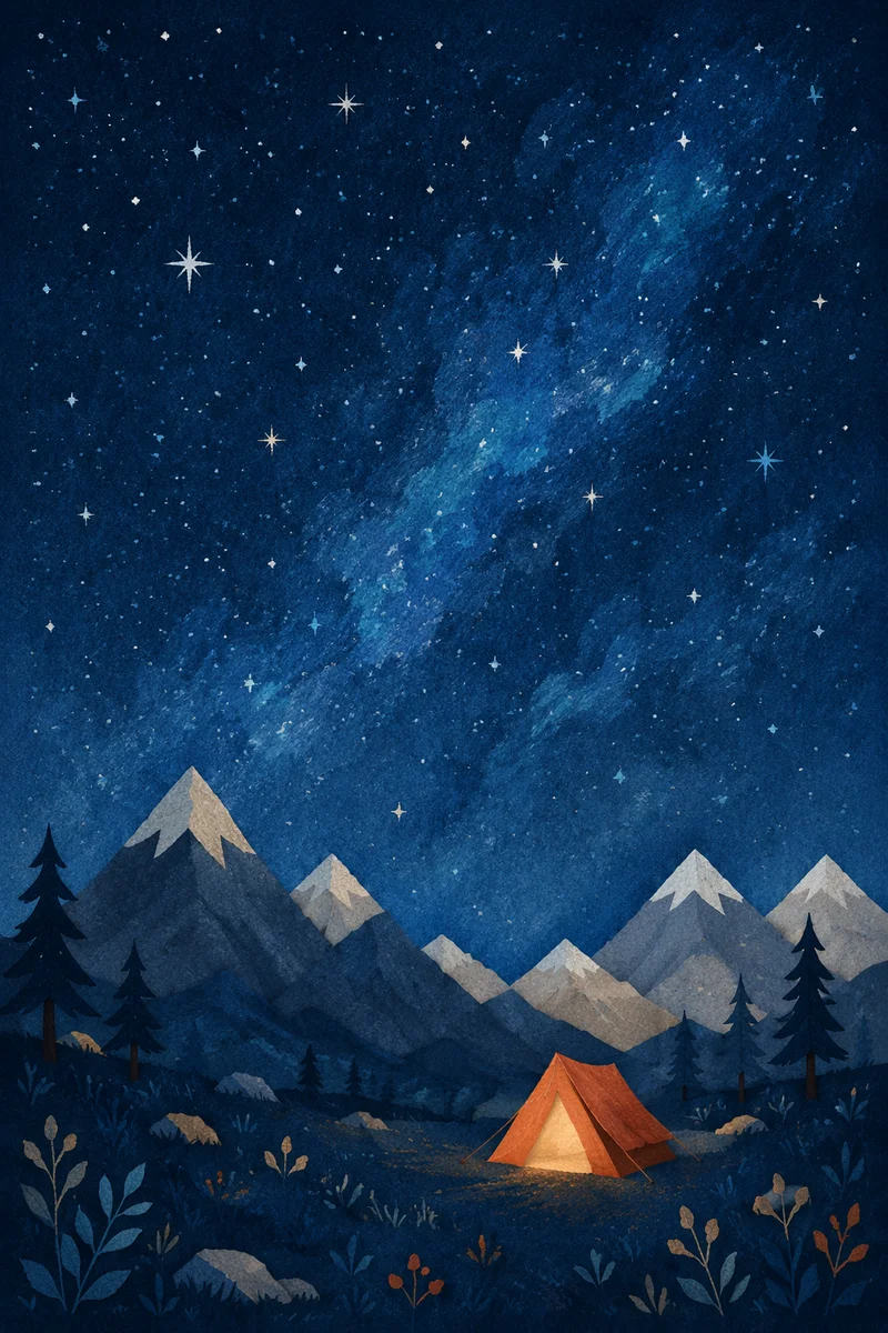 Glowing Camping Tent Beneath Starry Mountains