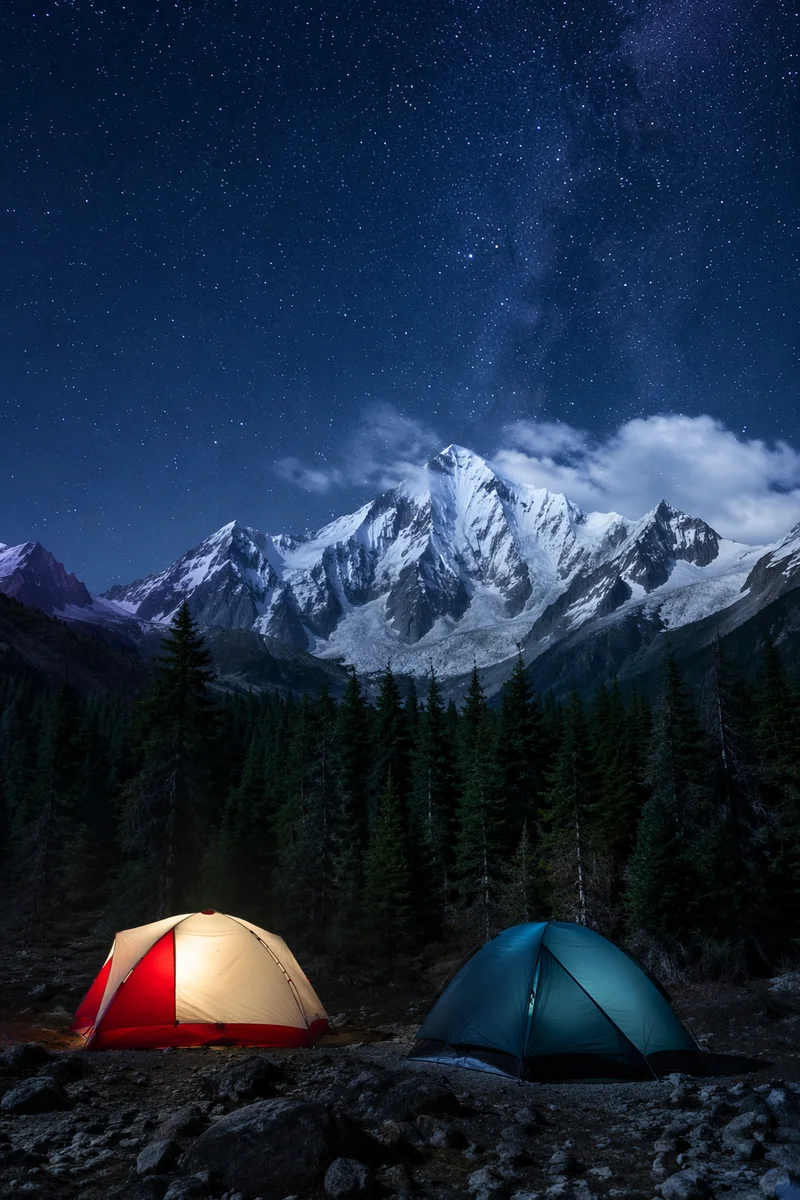 Starry Alpine Camping Tents at Night