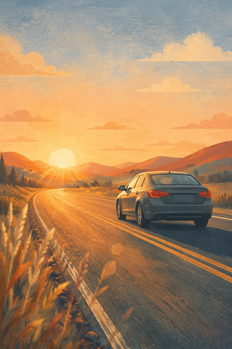 Car Driving Highway at Golden Sunset