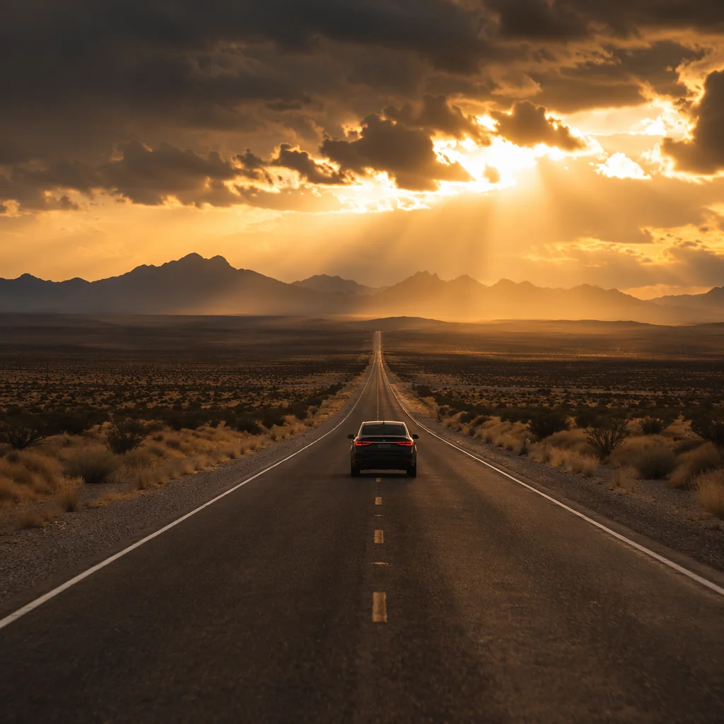 Car Driving Toward Sunset Desert Horizon