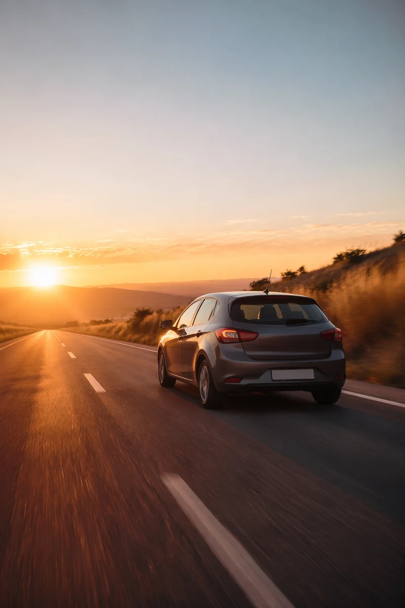 Compact Car on Highway at Sunset