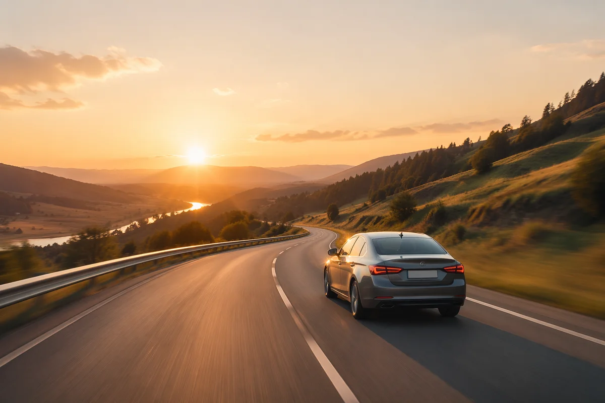 Car Driving on Highway at Sunset