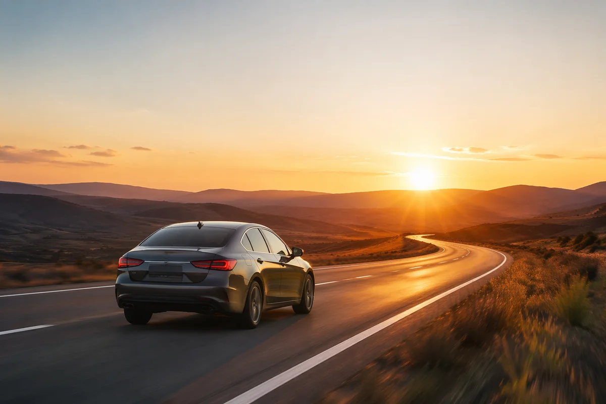 Car Driving on Highway at Sunset