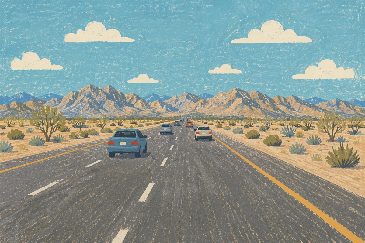Open Desert Highway Toward Rugged Mountains