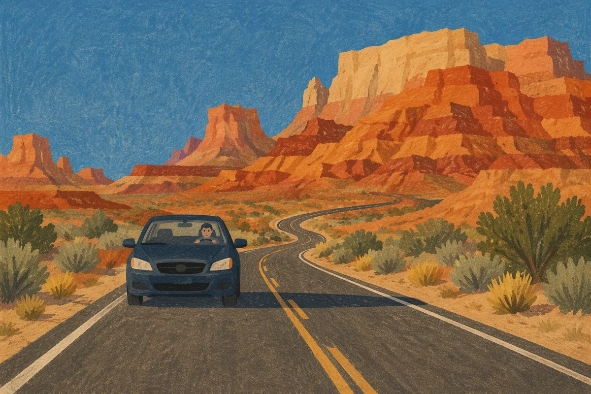 Desert Highway Road Trip Beneath Red Cliffs