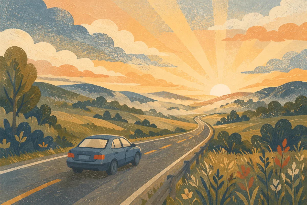 Peaceful Highway Journey Through Morning Hills