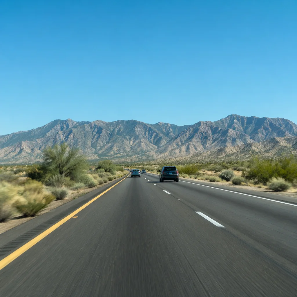 Desert Highway Road Trip Toward Mountains