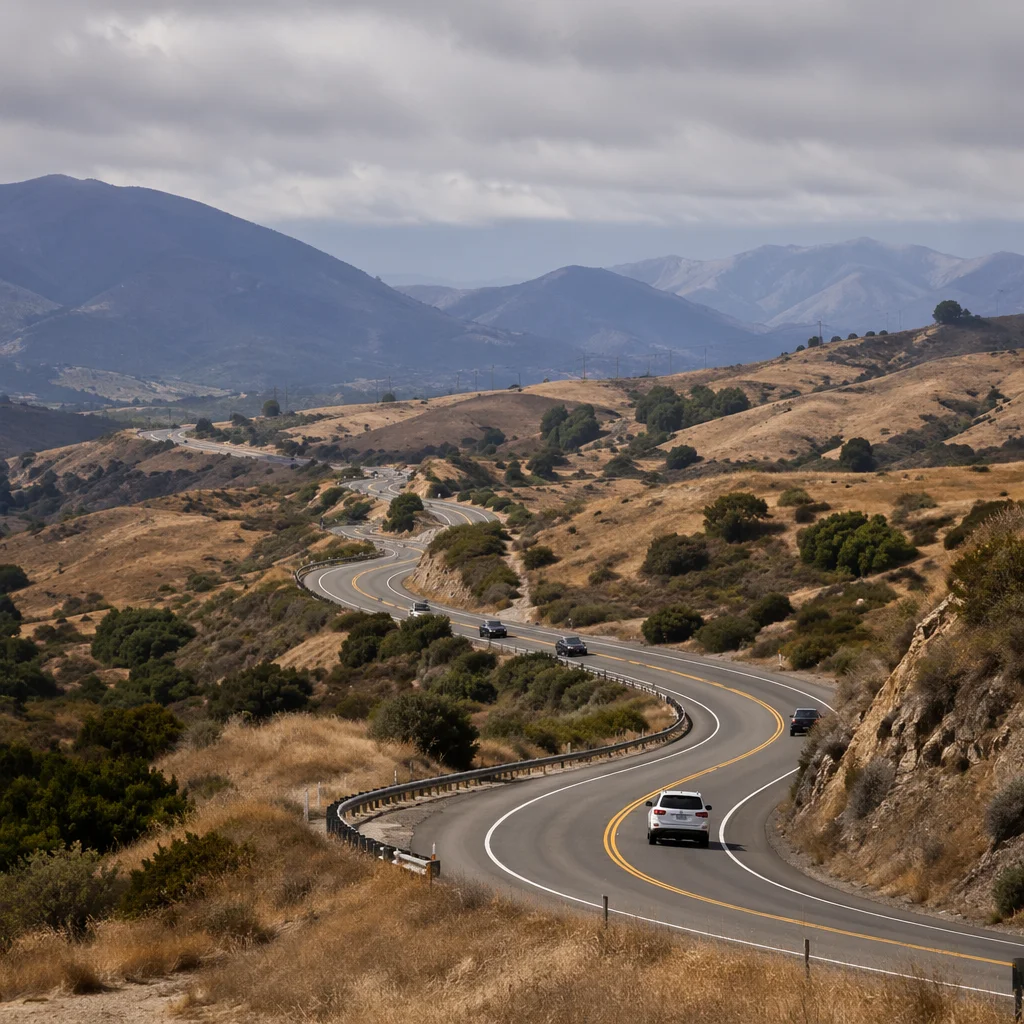 Scenic Highway Drive Through Golden Hills