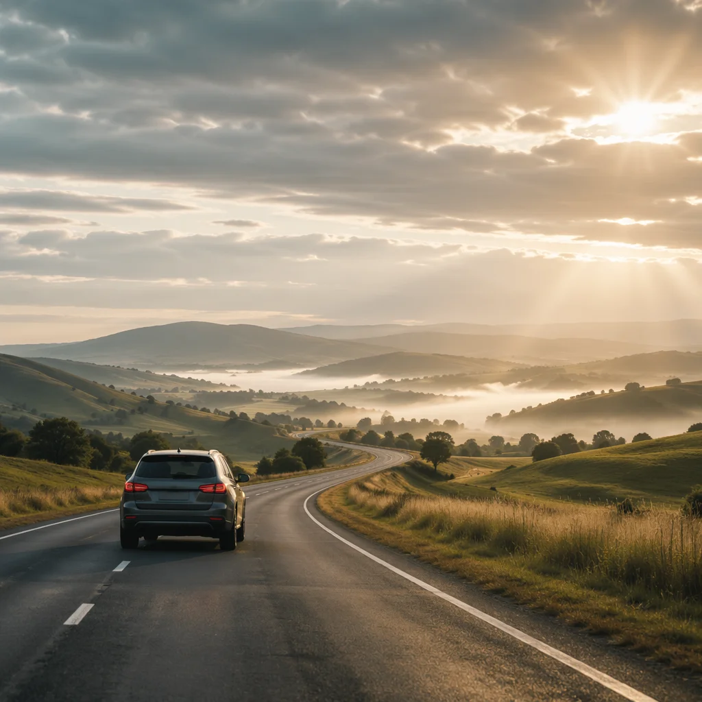 Peaceful Highway Journey Through Morning Hills
