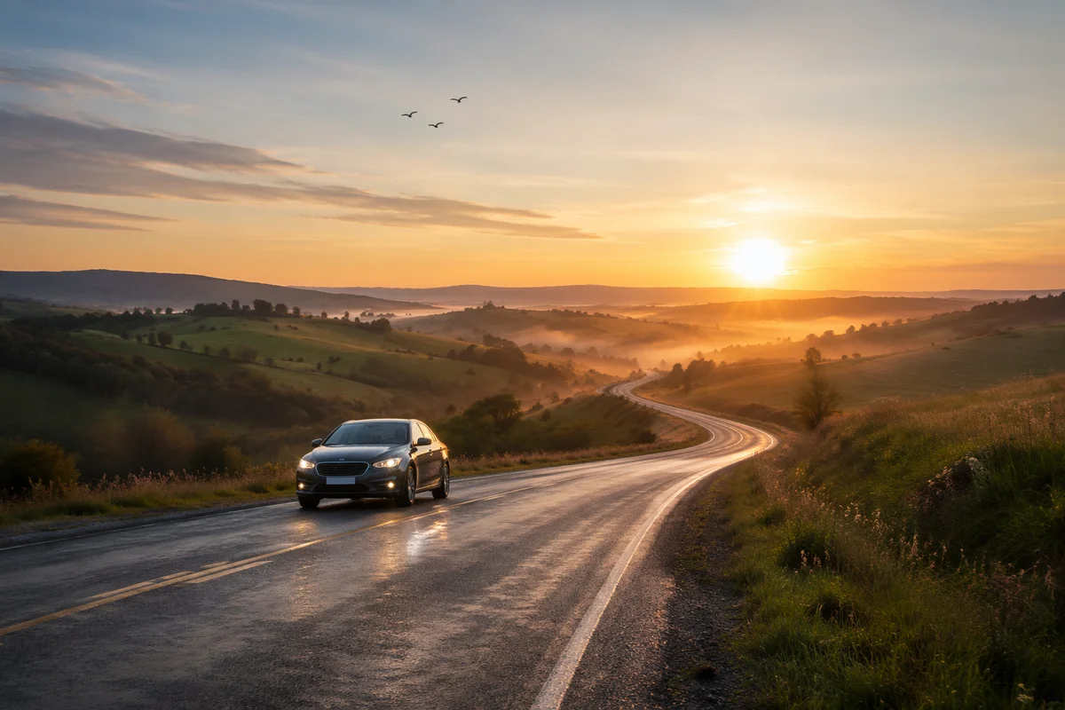 Scenic Highway Journey at Peaceful Sunrise