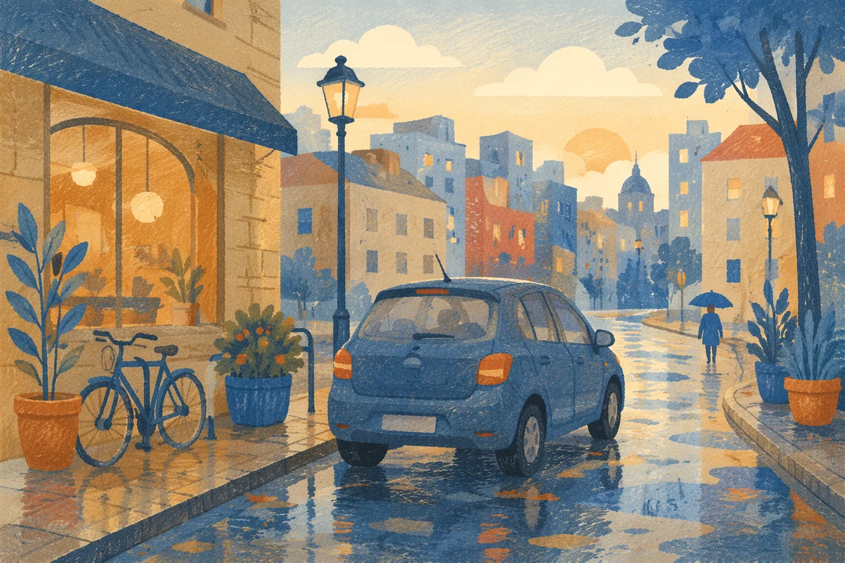 Rainy Morning Car on Quiet City Street