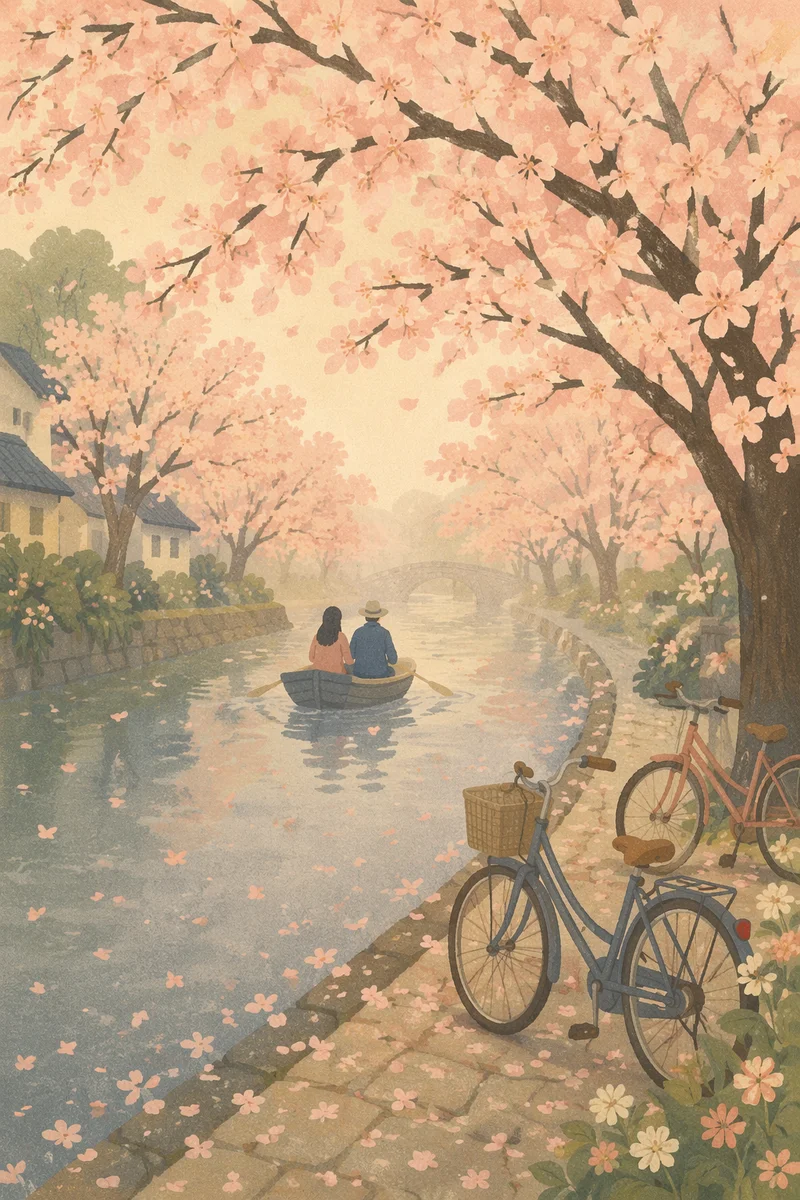 Cherry Blossom Canal Spring Morning Journey