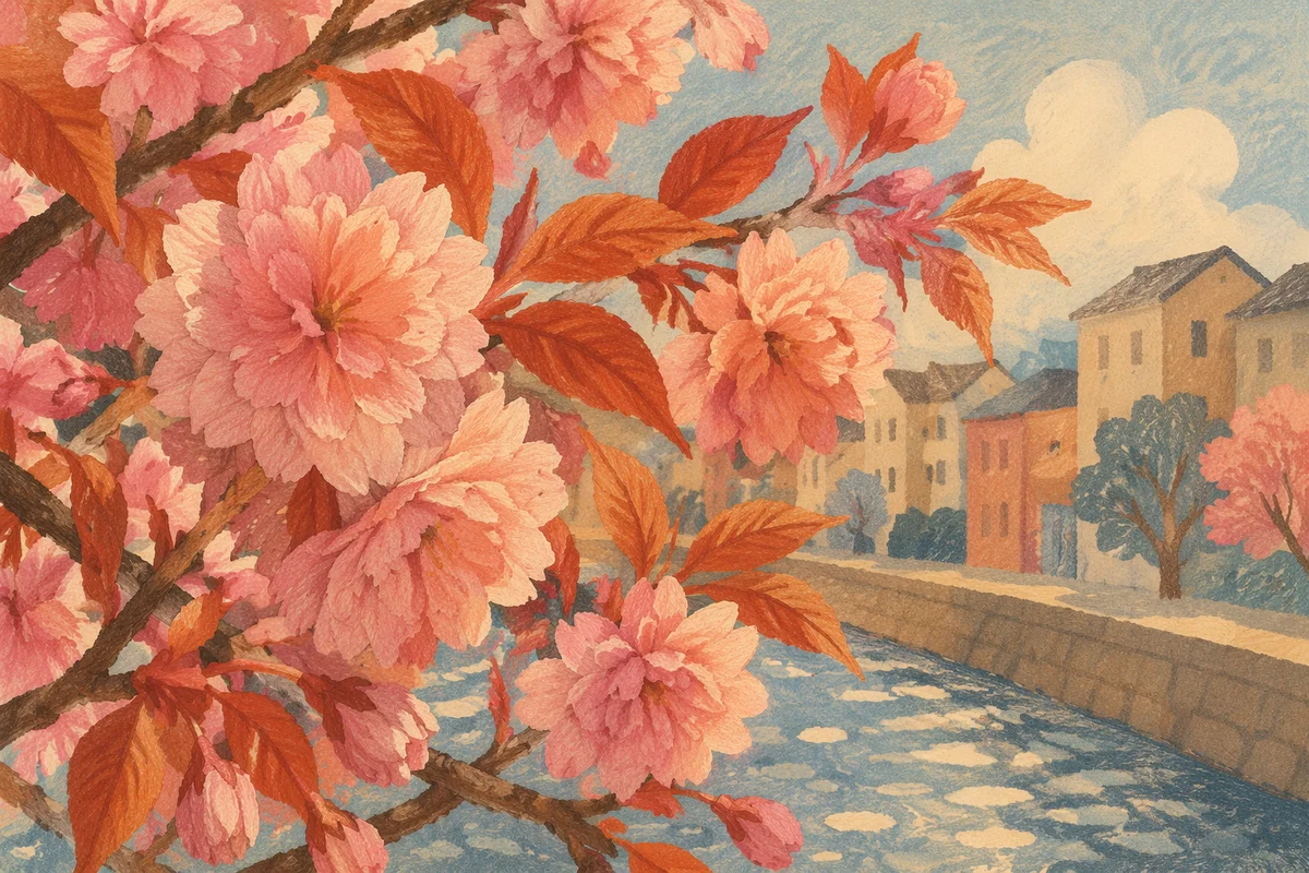 Cherry Blossoms Over Quiet Spring Canal