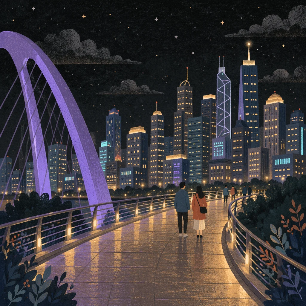 Night City Skyline from Curved Bridge