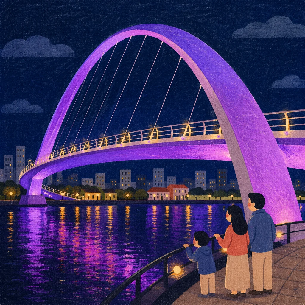Violet Waterfront Skyline With Arched Bridge