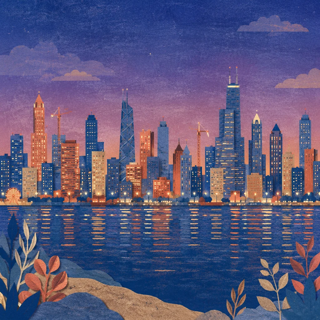 Blue Hour Waterfront City Skyline Panorama
