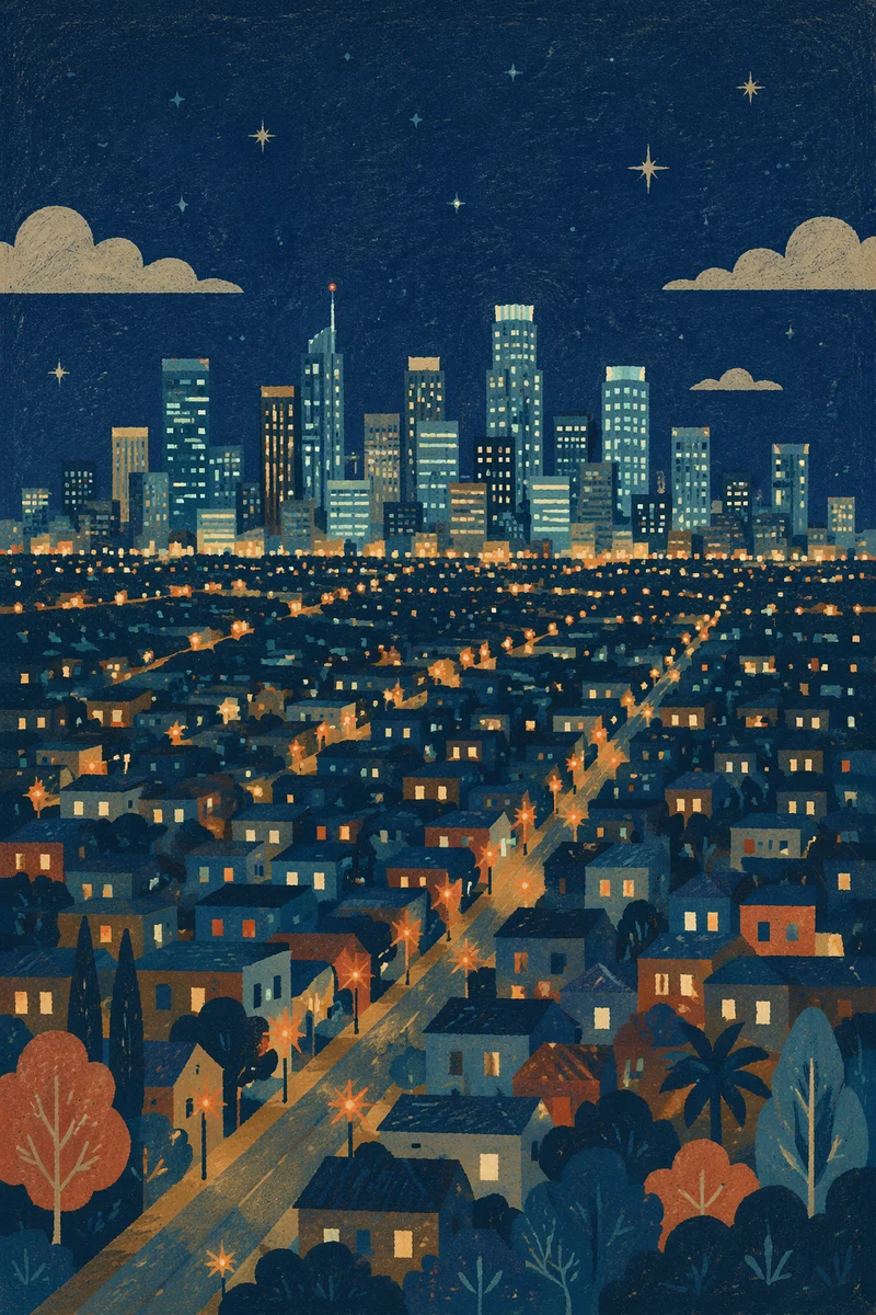 Nighttime Urban Skyline From Hillside Viewpoint