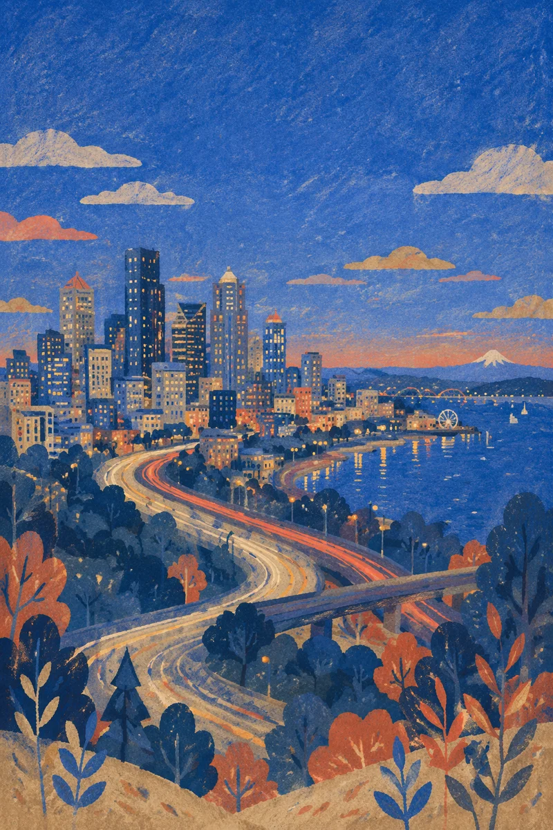 Blue Hour Waterfront City Skyline Panorama