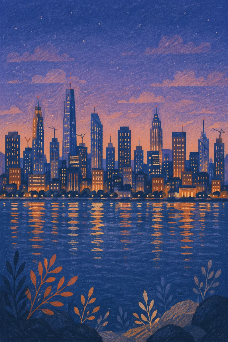 Blue Hour Waterfront City Skyline Panorama