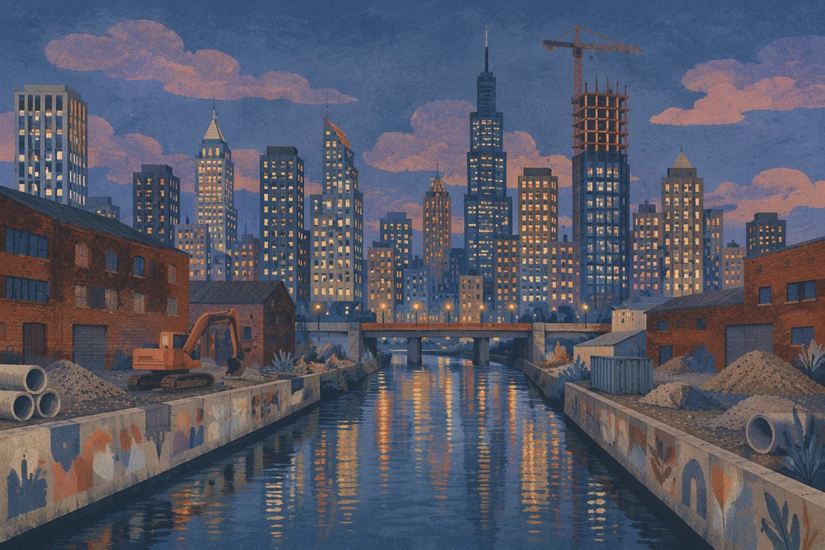 Blue Hour City Skyline Canal Panorama