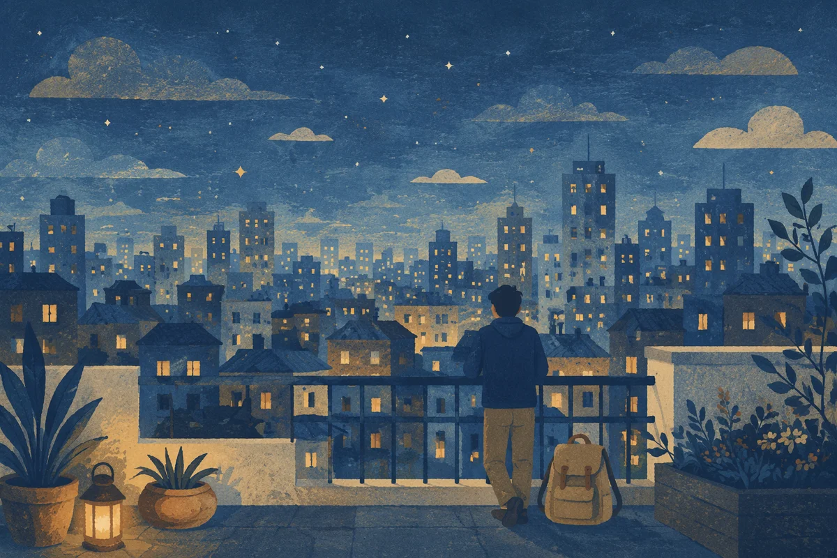 Blue Hour Traveler Over City Skyline