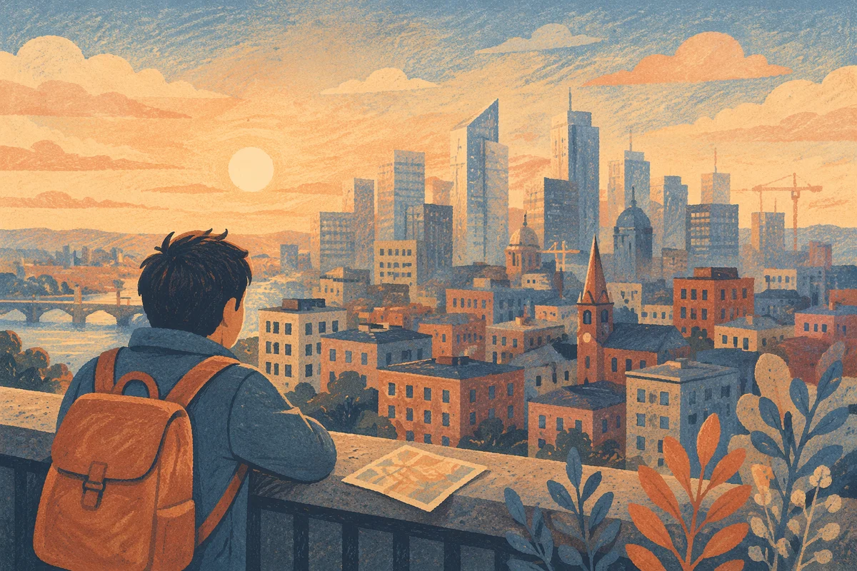 Dawn Traveler Overlooking Modern City Skyline