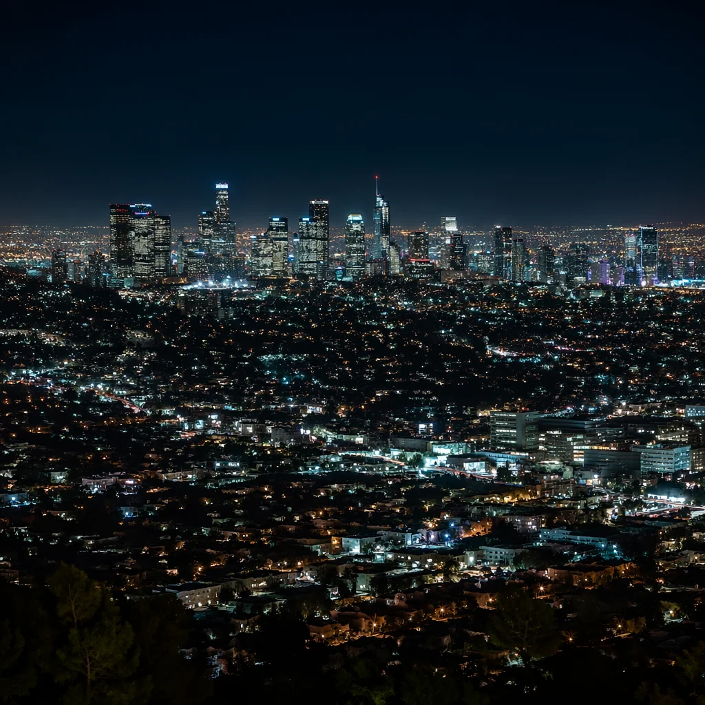 Nighttime Urban Skyline from Hillside View