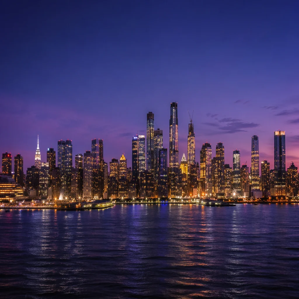 Blue Hour Waterfront City Skyline Panorama