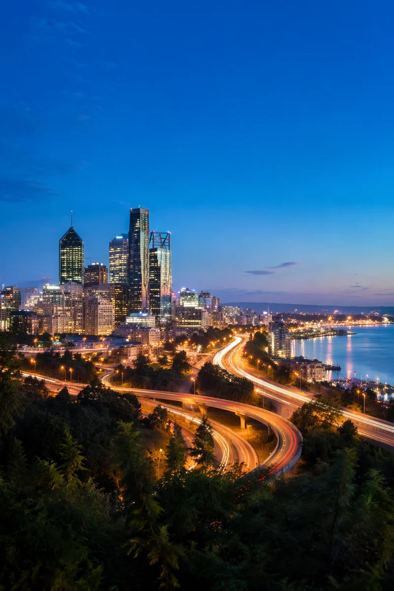 Blue Hour Waterfront City Skyline Panorama