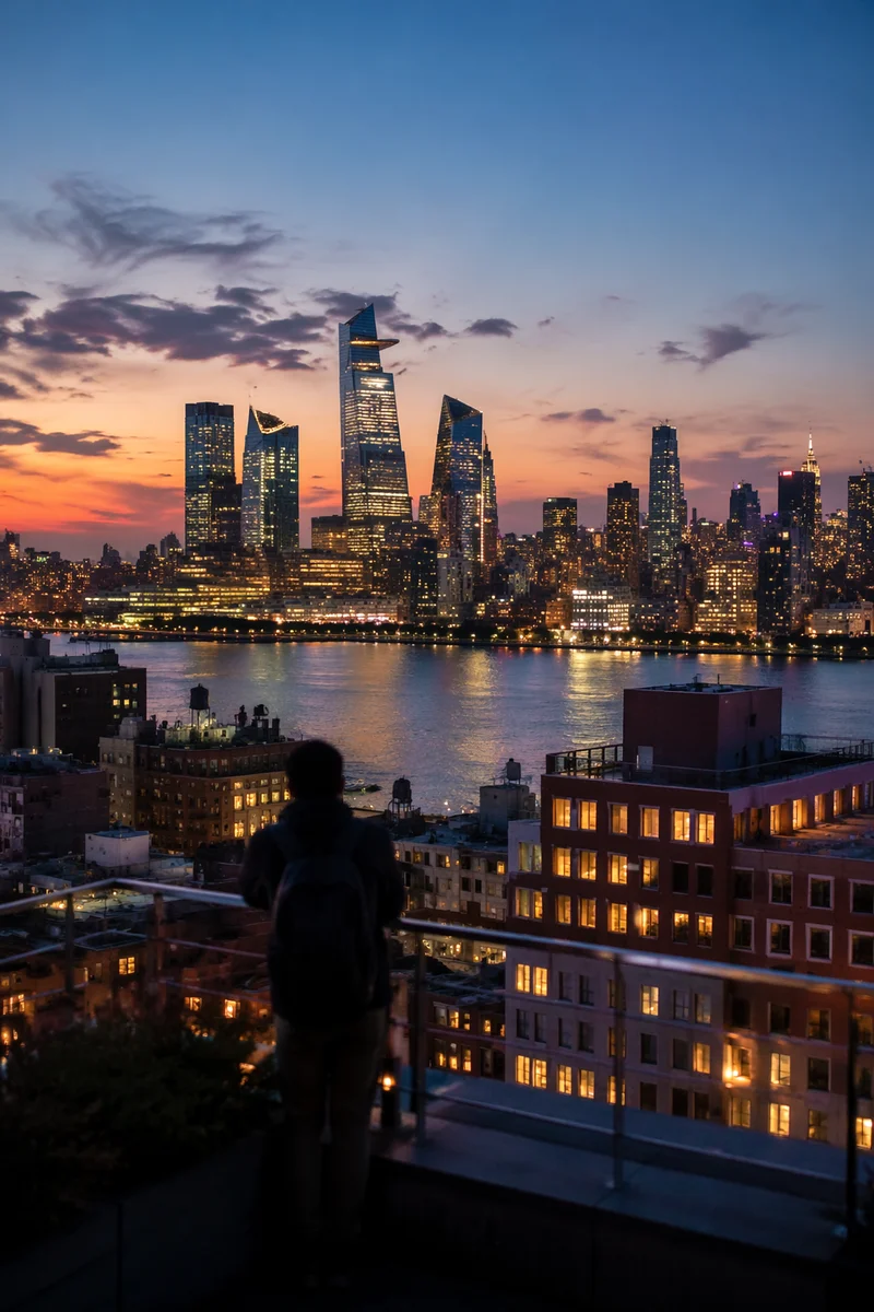 Contemplative Traveler Over Blue Hour Skyline