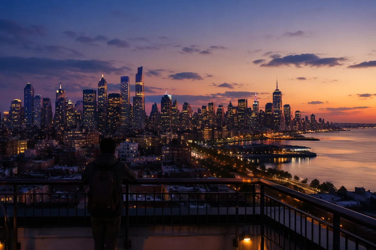 Contemplative Traveler Over City Skyline