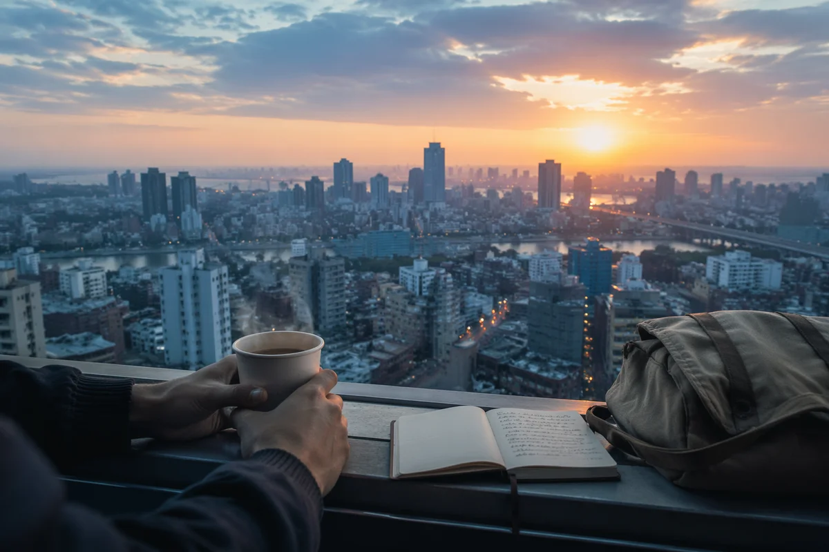 Rooftop Traveler Overlooking Modern City Skyline