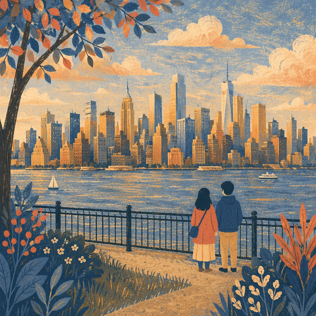 Golden Hour City Skyline Over River
