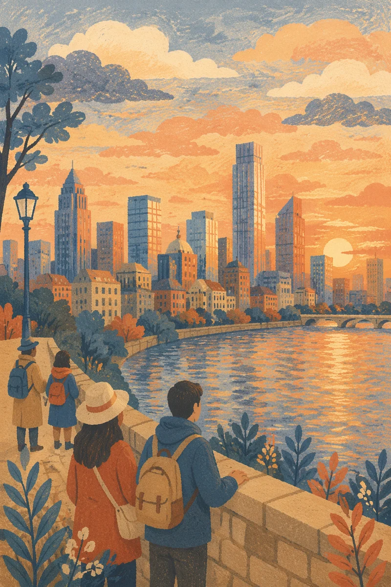 Golden Hour City Skyline Riverside Panorama