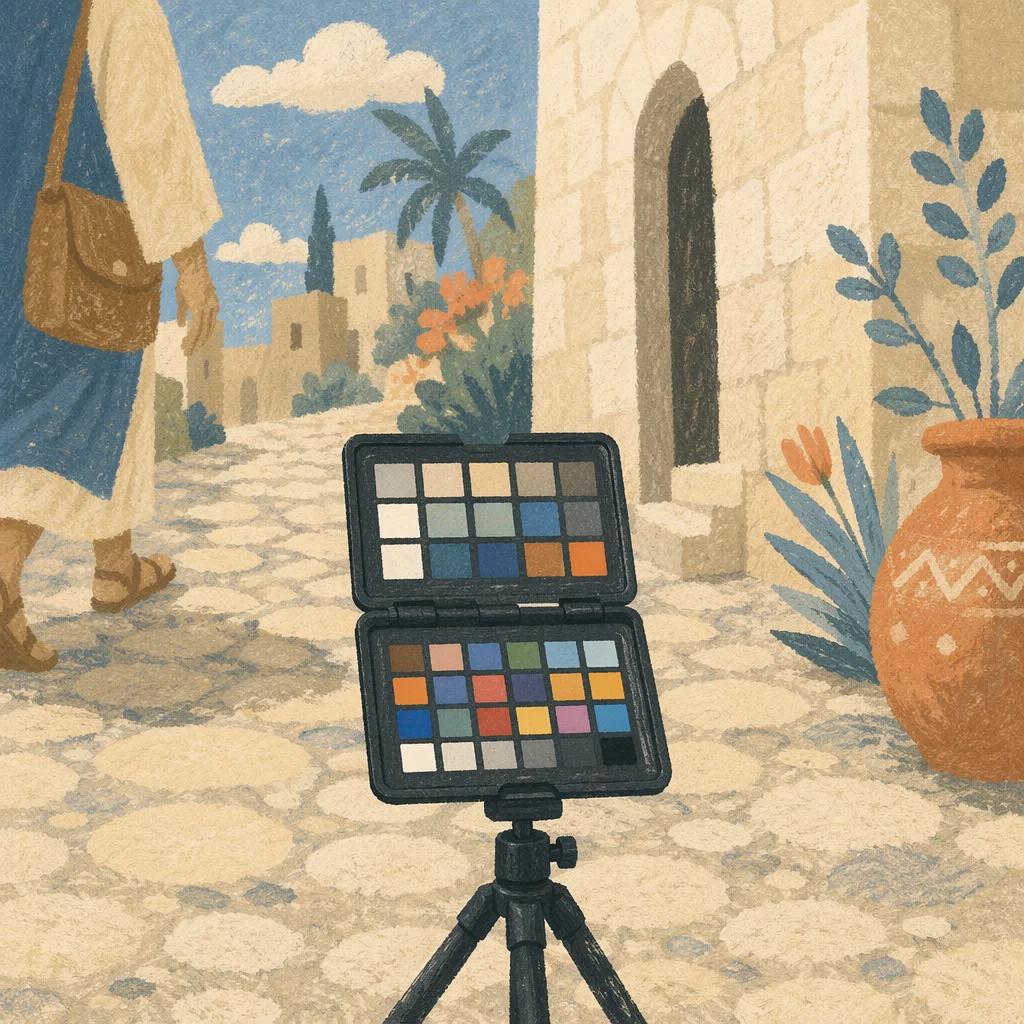 Morning Cobblestone Street with Calibration Chart