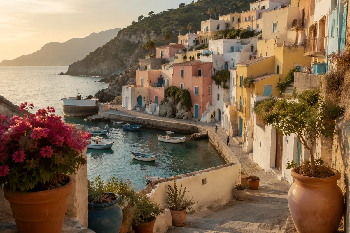 Colorful Mediterranean Coastal Village at Sunrise