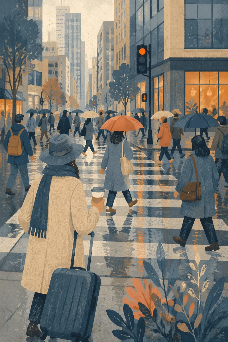 Busy Downtown Crosswalk After Morning Rain