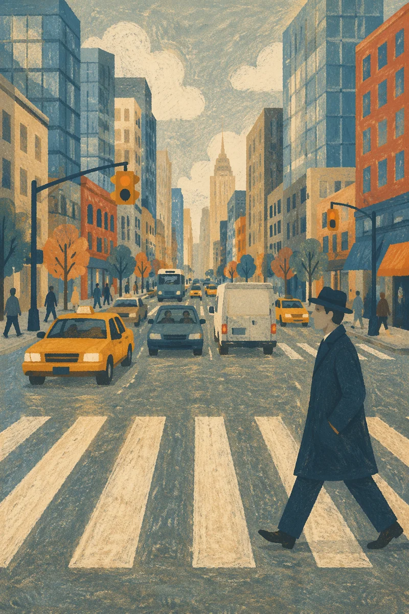 Busy Downtown Crosswalk in Folk Art Style