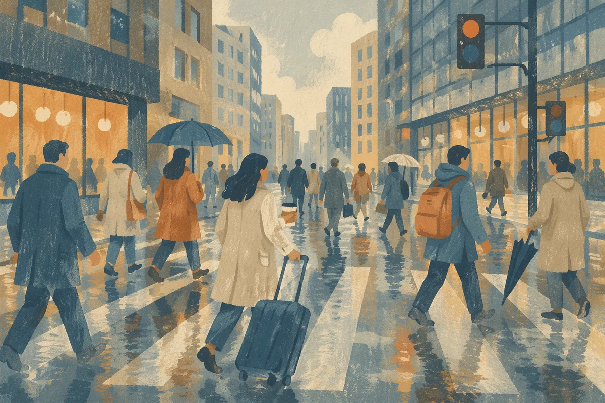 Busy Downtown Crosswalk After Morning Rain