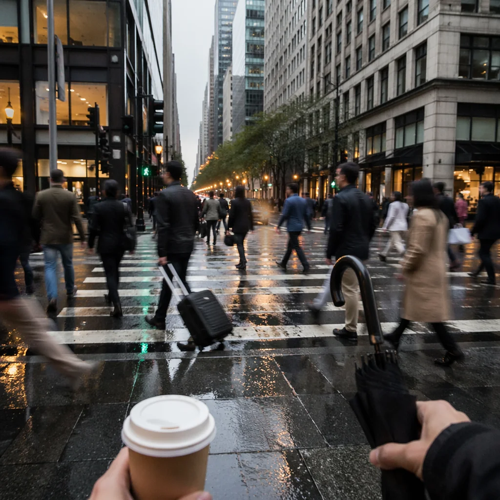 Busy Downtown Crosswalk After Morning Rain