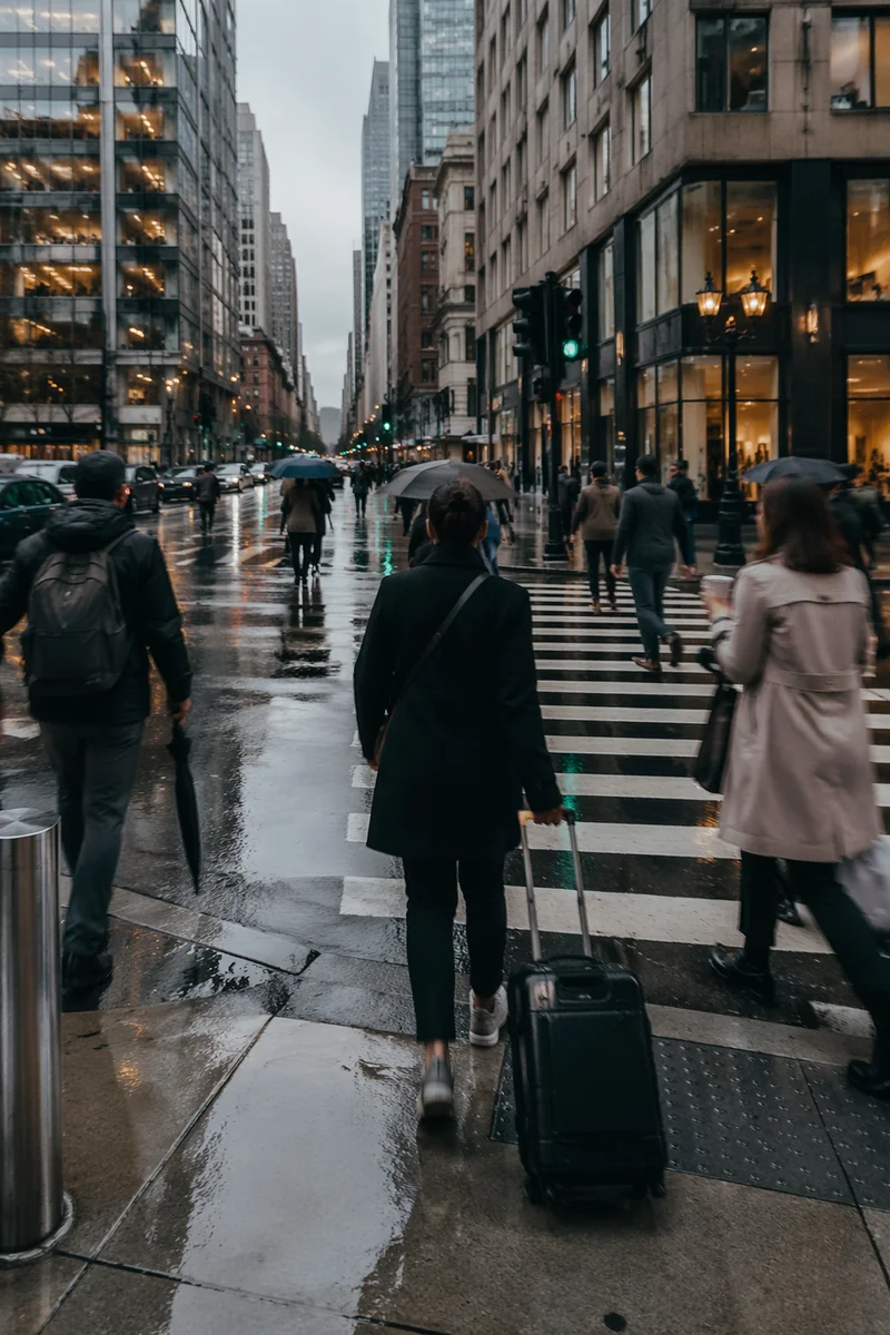 Rainy Downtown Crosswalk Travel Morning Scene