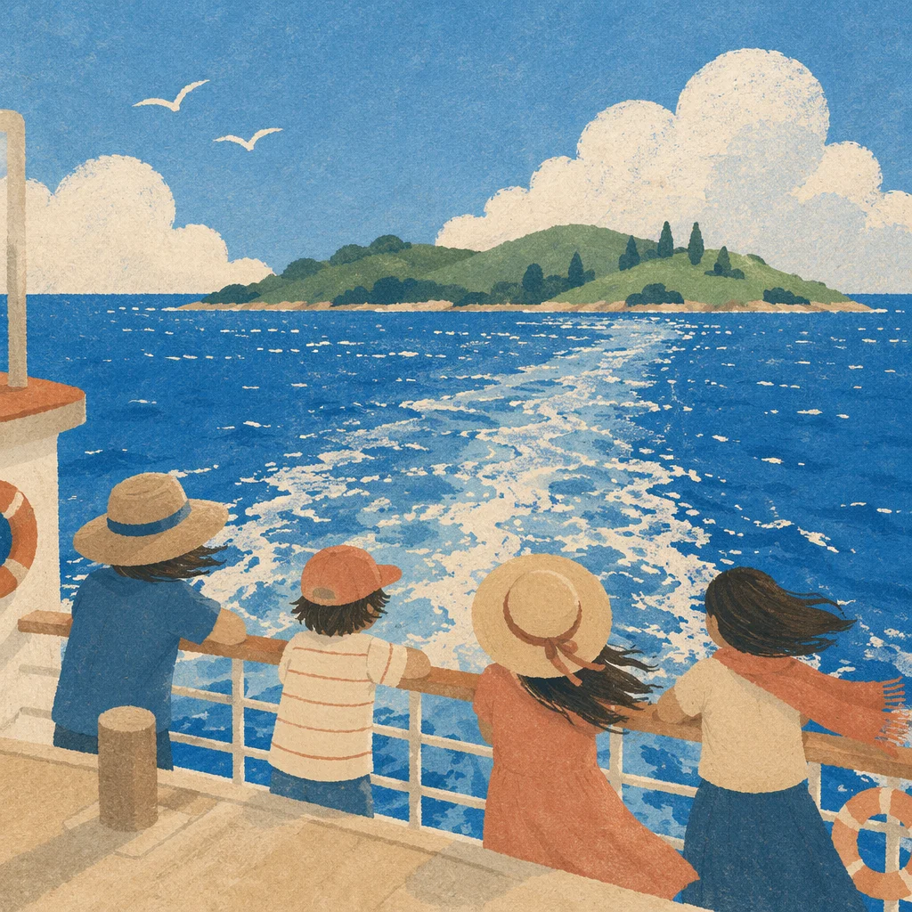 Ferry Crossing Blue Water Toward Island