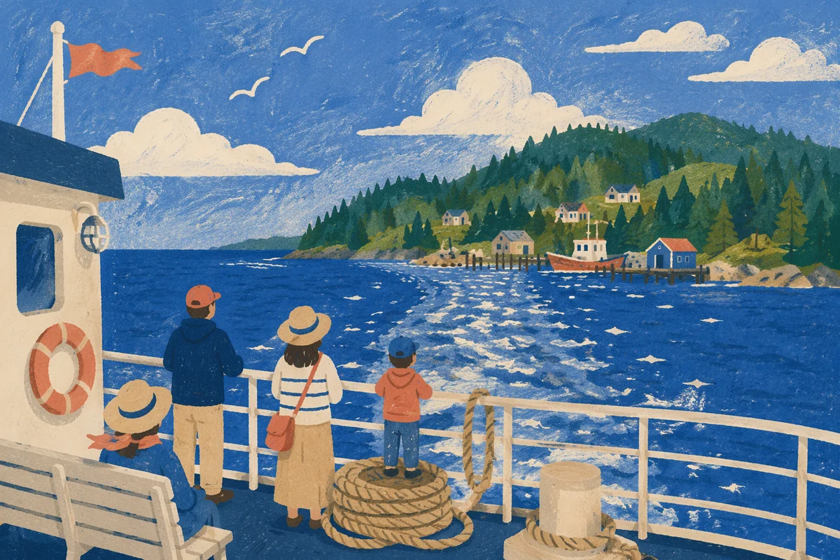 Ferry Crossing Blue Water Toward Island