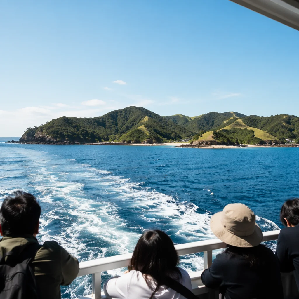 Ferry Crossing Blue Water Toward Island