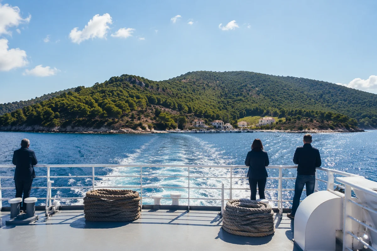 Ferry Crossing Blue Water Toward Green Island