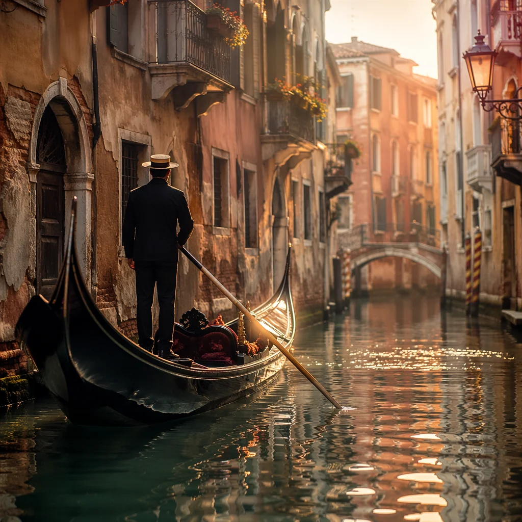Romantic Gondola Along Venetian Canal
