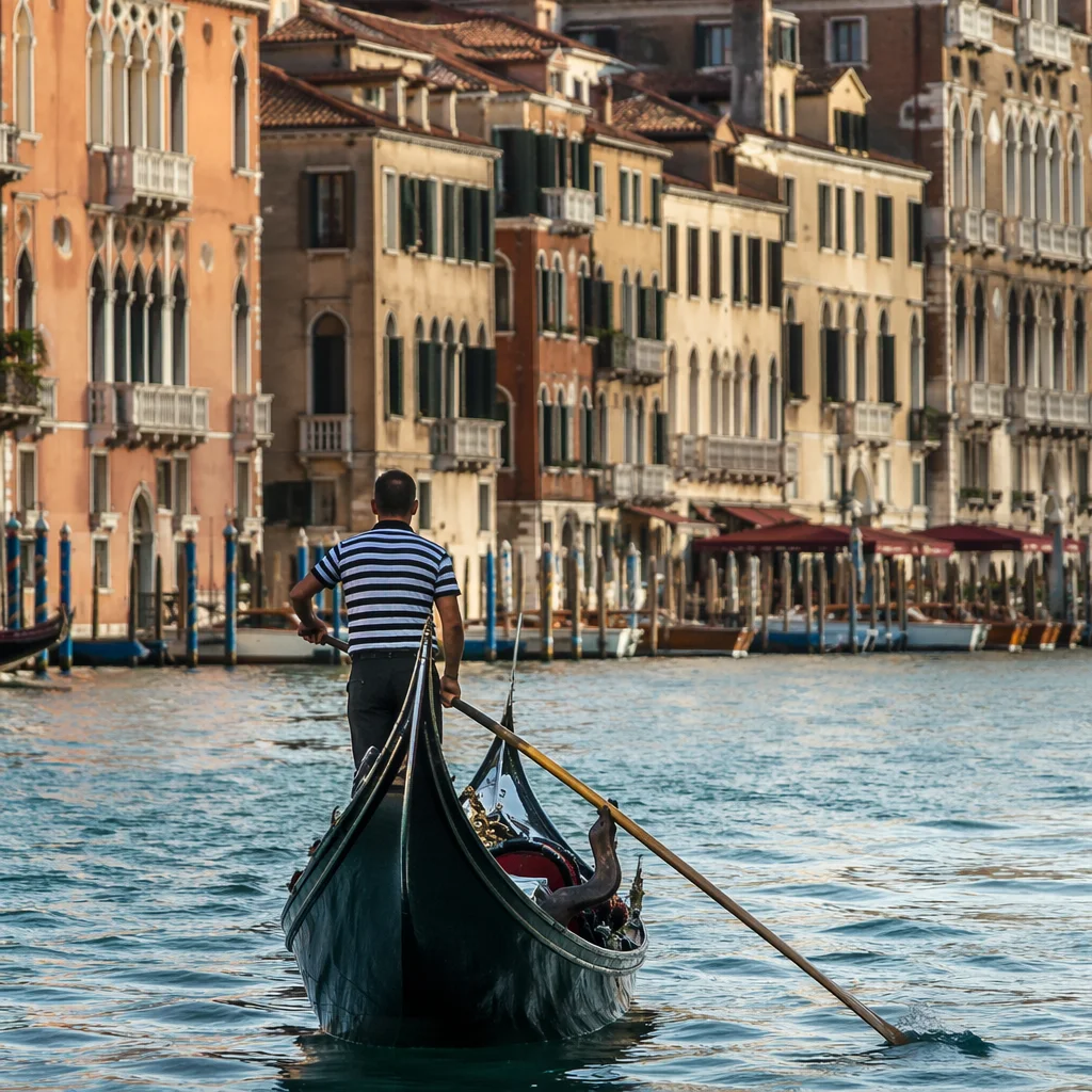 Venetian Gondola Gliding Through Sunlit Canal