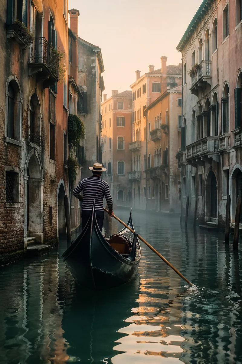 Romantic Gondola Through Misty Venetian Canal
