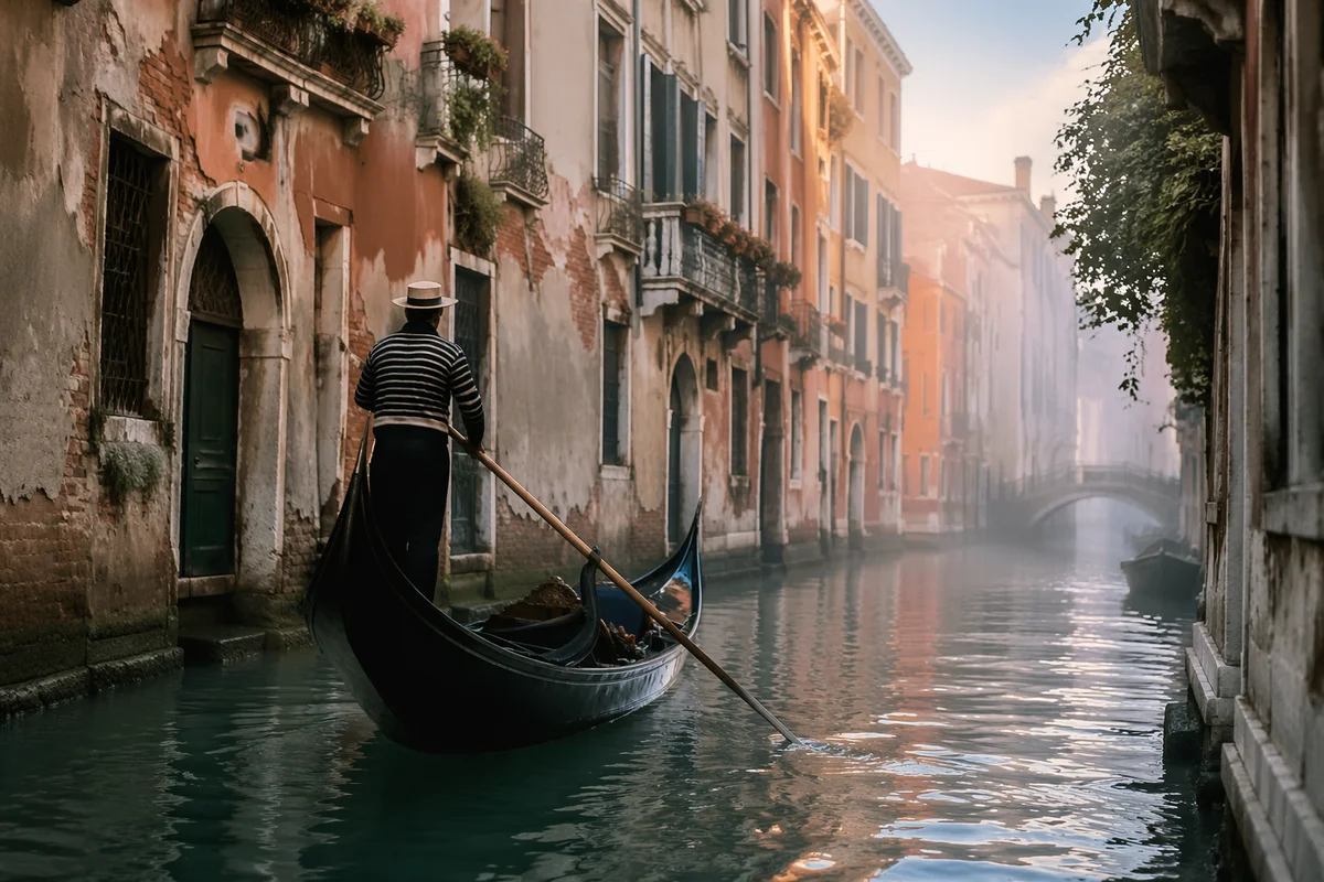 Romantic Gondola Through Misty Venetian Canal